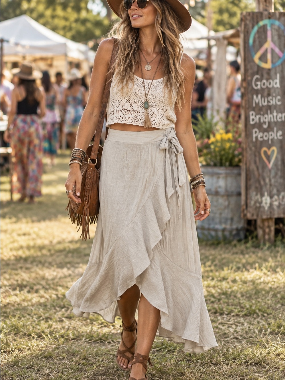 Bwear Boho Cream High-Low Faux Wrap Ruffle Skirt Size XS